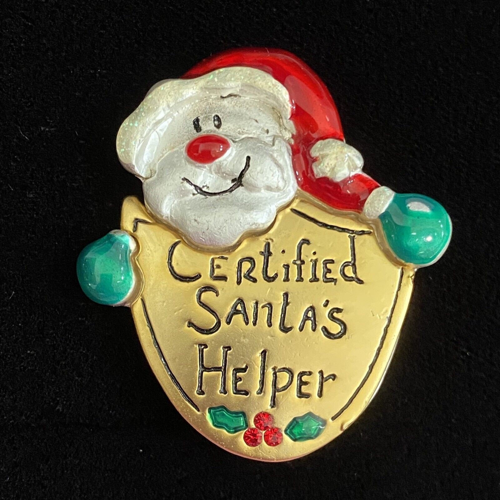 Ajmc Vintage Certified Santa's Helper Christmas Brooch Pin Gold Badge W/ Holly